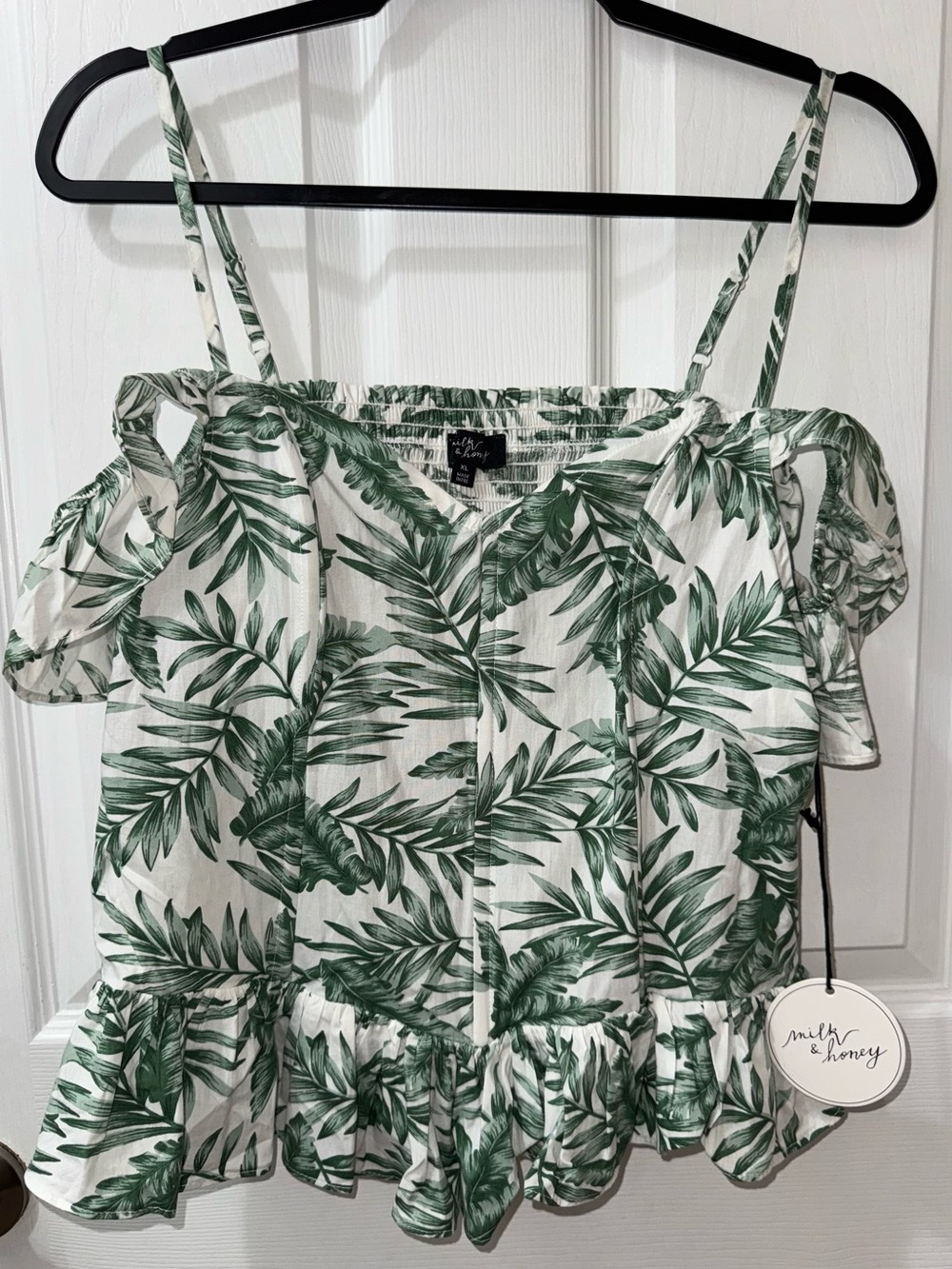NWT Milk & Honey Women’s Blouse Green & White Cold Shoulder Size XL